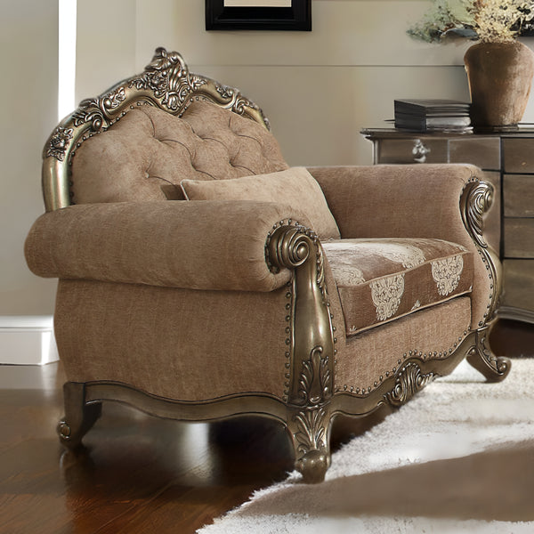 Homeroots 35" Brown And Champagne Linen Damask Tufted Arm Chair And Toss Pillow Fabric & Vintage Oak  347291