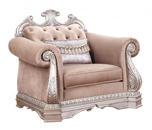 Homeroots 42" Cherry Blossom Pink And Silver Velvet Tufted Arm Chair And Toss Pillow   347294