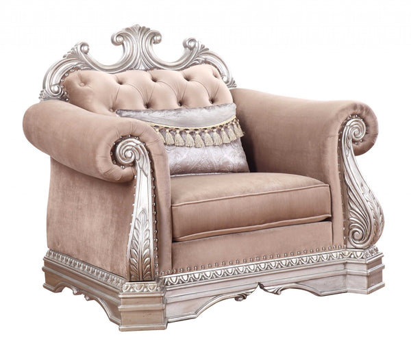 Homeroots 42" Cherry Blossom Pink And Silver Velvet Tufted Arm Chair And Toss Pillow   347294