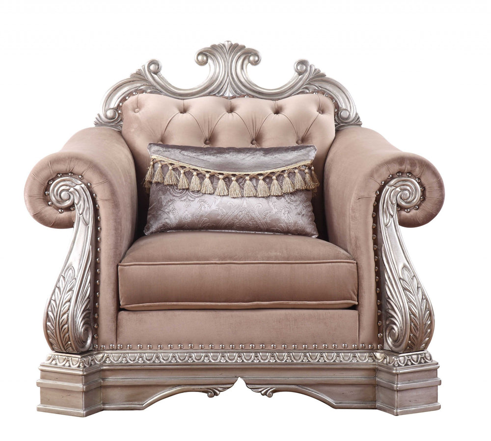 Homeroots 42" Cherry Blossom Pink And Silver Velvet Tufted Arm Chair And Toss Pillow   347294