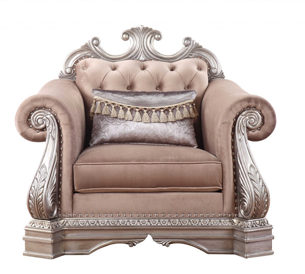 Homeroots 42" Cherry Blossom Pink And Silver Velvet Tufted Arm Chair And Toss Pillow   347294