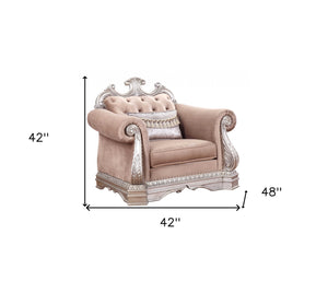 Homeroots 42" Cherry Blossom Pink And Silver Velvet Tufted Arm Chair And Toss Pillow   347294