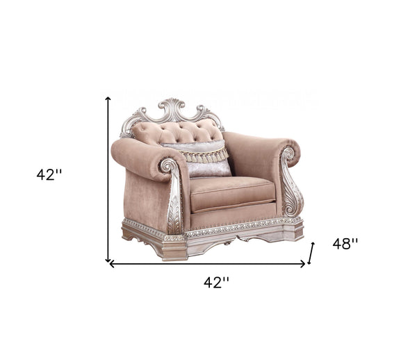 Homeroots 42" Cherry Blossom Pink And Silver Velvet Tufted Arm Chair And Toss Pillow   347294