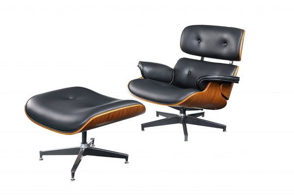 HomeRoots 34" Black and Silver Faux Leather Tufted Swivel Arm Chair & Ottoman – Modern Comfort & Style 347296