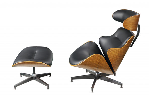 Homeroots 34" X 25" X 38" Black Bonded Leather Walnut Wood Upholstered (Seat) Aluminum Base Chair  Ottoman   347297