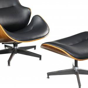 HomeRoots 34" Black and Silver Faux Leather Tufted Swivel Arm Chair With Ottoman – Stylish Comfort & Versatility 347297