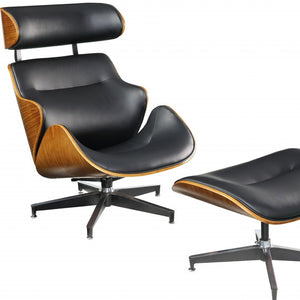 HomeRoots 34" Black and Silver Faux Leather Tufted Swivel Arm Chair With Ottoman – Stylish Comfort & Versatility 347297