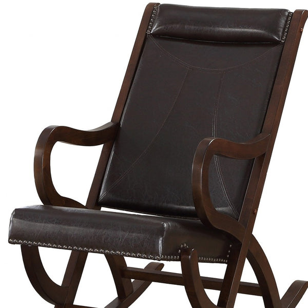 Homeroots Espresso Brown Faux Leather With Walnut Finish Rocking Chair   347304