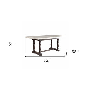 HomeRoots 72" Stunning White Marble and Gray Solid Wood Trestle Dining Table - Seats 6, Modern Elegance! 347309