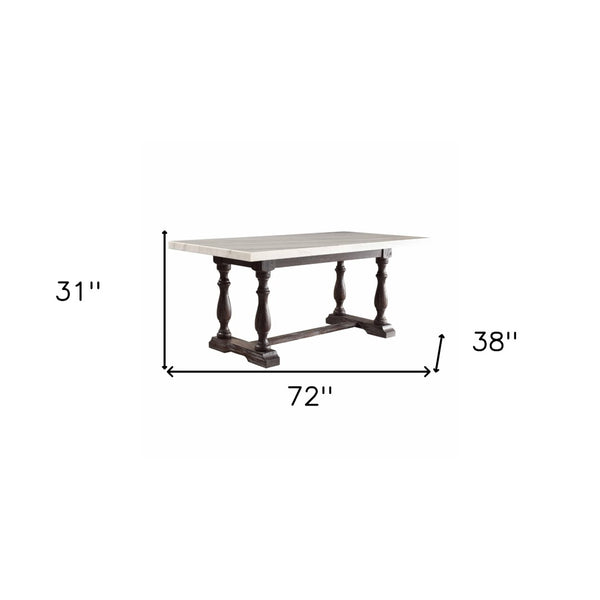 HomeRoots 72" Stunning White Marble and Gray Solid Wood Trestle Dining Table - Seats 6, Modern Elegance! 347309