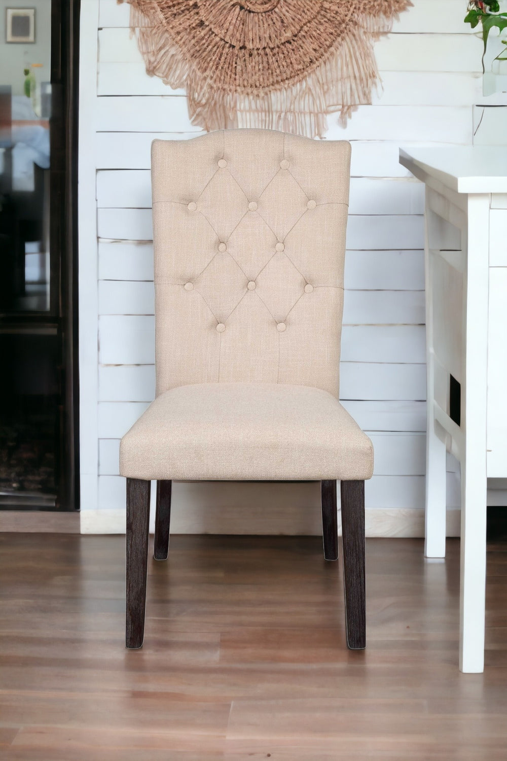Homeroots Set Of Two Tufted Beige And Espresso Upholstered Linen Dining Side Chairs  Wood 347310