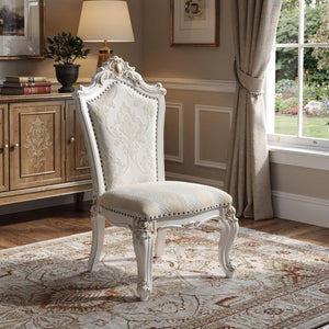 HomeRoots Set of Two Elegant 27" Beige & White Faux Leather Damask Chairs for Dining & Accent Seating 347322