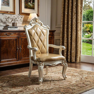 HomeRoots Set of Two Stylish 27" Brown Faux Leather Tufted Side Chairs with White Accents for Home Décor 347323