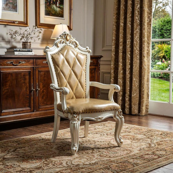 HomeRoots Set of Two Stylish 27" Brown Faux Leather Tufted Side Chairs with White Accents for Home Décor 347323