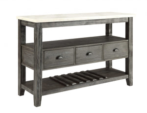 HomeRoots 18" Modern Rustic White Marble Gray Oak Wood Server with Storage Cabinets & Drawers for Home Elegance 347332