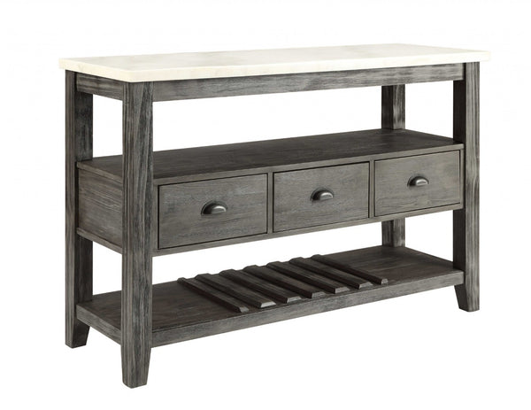 HomeRoots 18" Modern Rustic White Marble Gray Oak Wood Server with Storage Cabinets & Drawers for Home Elegance 347332