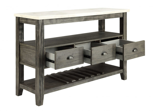 HomeRoots 18" Modern Rustic White Marble Gray Oak Wood Server with Storage Cabinets & Drawers for Home Elegance 347332