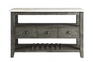 HomeRoots 18" Modern Rustic White Marble Gray Oak Wood Server with Storage Cabinets & Drawers for Home Elegance 347332