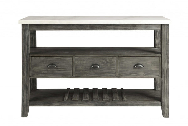 HomeRoots 18" Modern Rustic White Marble Gray Oak Wood Server with Storage Cabinets & Drawers for Home Elegance 347332