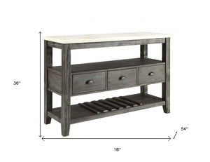 HomeRoots 18" Modern Rustic White Marble Gray Oak Wood Server with Storage Cabinets & Drawers for Home Elegance 347332