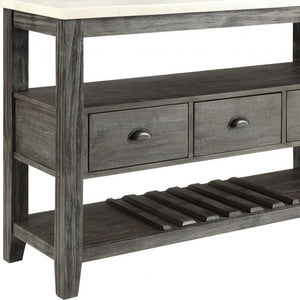 HomeRoots 18" Modern Rustic White Marble Gray Oak Wood Server with Storage Cabinets & Drawers for Home Elegance 347332