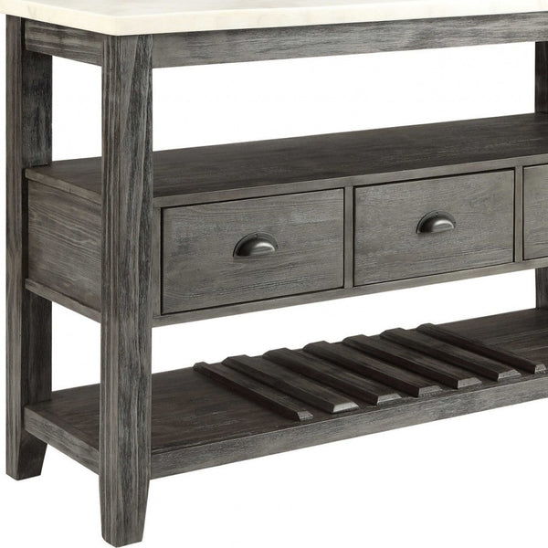 HomeRoots 18" Modern Rustic White Marble Gray Oak Wood Server with Storage Cabinets & Drawers for Home Elegance 347332