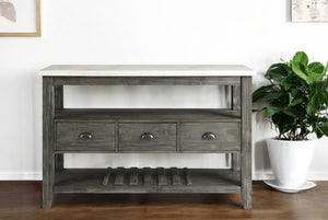 HomeRoots 18" Modern Rustic White Marble Gray Oak Wood Server with Storage Cabinets & Drawers for Home Elegance 347332