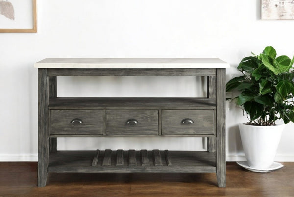 HomeRoots 18" Modern Rustic White Marble Gray Oak Wood Server with Storage Cabinets & Drawers for Home Elegance 347332