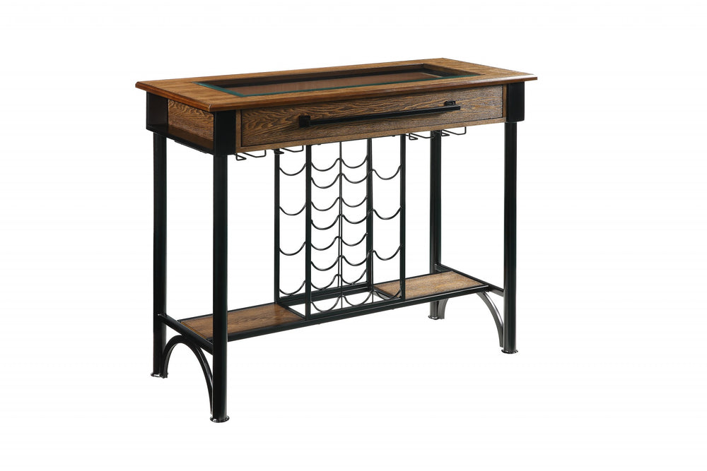 Homeroots 19" X 53" X 41" Walnut Black Metal Wood Glass Bar Table   347333