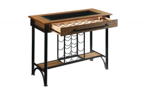 Homeroots 19" X 53" X 41" Walnut Black Metal Wood Glass Bar Table   347333