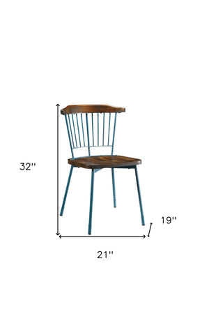 HomeRoots Set of Two Vintage-Style Brown and Teal Blue Wood Windsor Back Dining Chairs for Any Space 347347