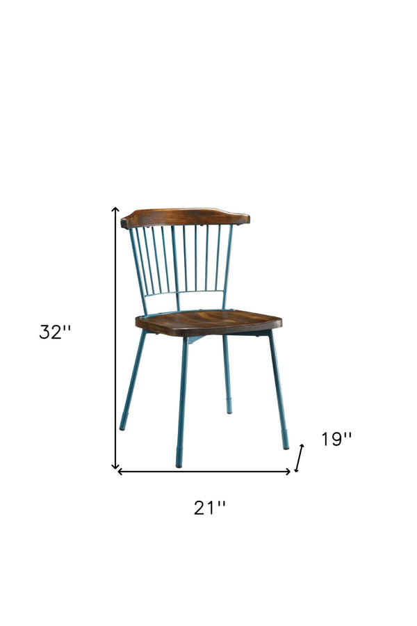 HomeRoots Set of Two Vintage-Style Brown and Teal Blue Wood Windsor Back Dining Chairs for Any Space 347347