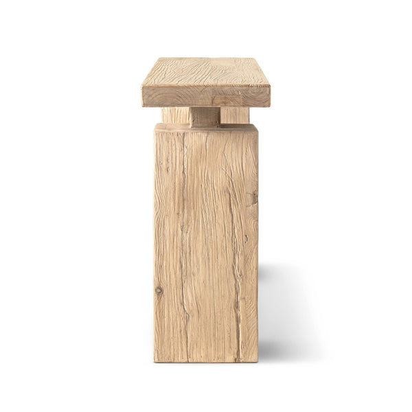 English Elm Calder Reclaimed Elm Plinth Console Table Sculptural Entryway Accent in Warm Brown B2719P474447