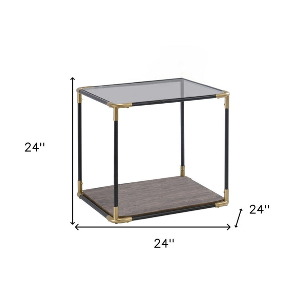 HomeRoots 24" Modern Black and Gold End Table with Clear Glass Top and Convenient Storage Shelf for Living Spaces 347391