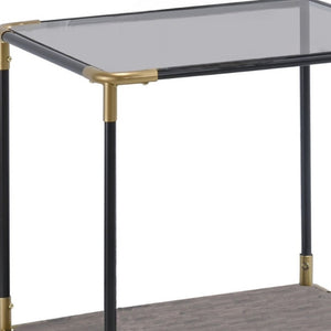 HomeRoots 24" Modern Black and Gold End Table with Clear Glass Top and Convenient Storage Shelf for Living Spaces 347391