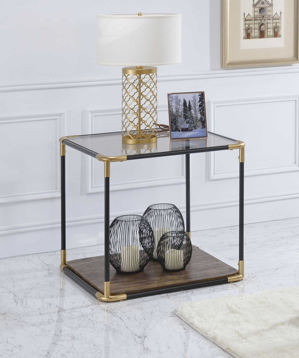 HomeRoots 24" Modern Black and Gold End Table with Clear Glass Top and Convenient Storage Shelf for Living Spaces 347391