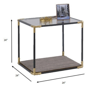 HomeRoots 24" Modern Black and Gold End Table with Clear Glass Top and Convenient Storage Shelf for Living Spaces 347391