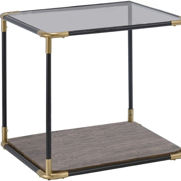 HomeRoots 24" Modern Black and Gold End Table with Clear Glass Top and Convenient Storage Shelf for Living Spaces 347391