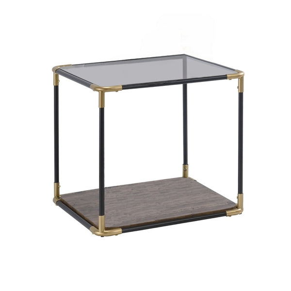 HomeRoots 24" Modern Black and Gold End Table with Clear Glass Top and Convenient Storage Shelf for Living Spaces 347391