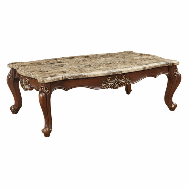 Homeroots 34" Brown And Dark Brown Genuine Marble And Solid Wood Free Form Coffee Table   347392
