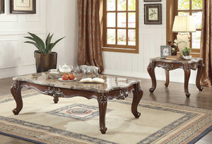 Homeroots 34" Brown And Dark Brown Genuine Marble And Solid Wood Free Form Coffee Table   347392