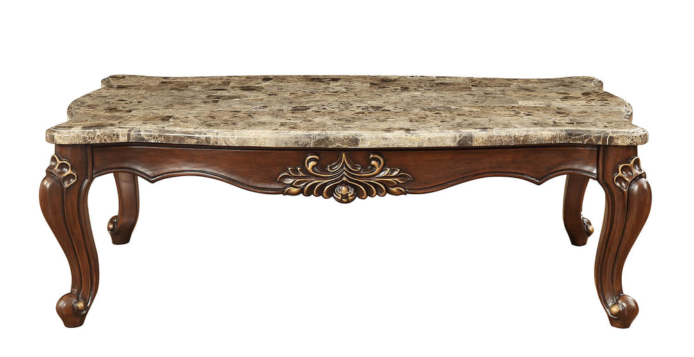 Homeroots 34" Brown And Dark Brown Genuine Marble And Solid Wood Free Form Coffee Table   347392
