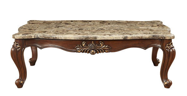 Homeroots 34" Brown And Dark Brown Genuine Marble And Solid Wood Free Form Coffee Table   347392
