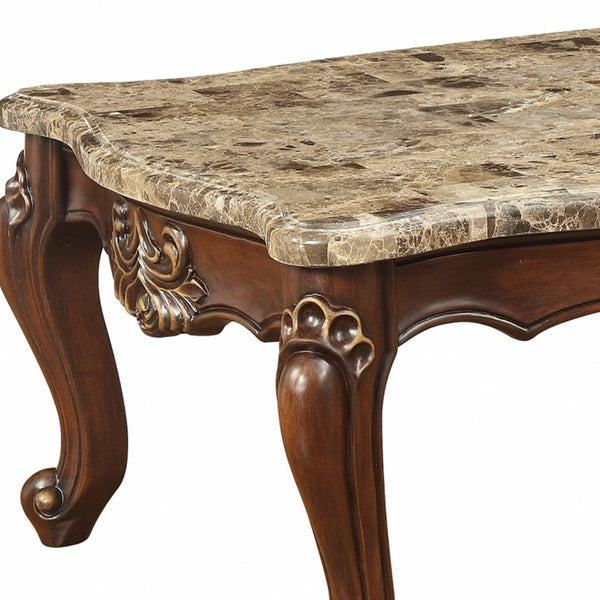 Homeroots 34" Brown And Dark Brown Genuine Marble And Solid Wood Free Form Coffee Table   347392