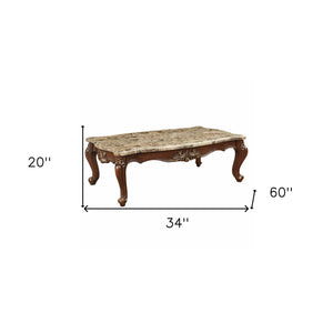 Homeroots 34" Brown And Dark Brown Genuine Marble And Solid Wood Free Form Coffee Table   347392
