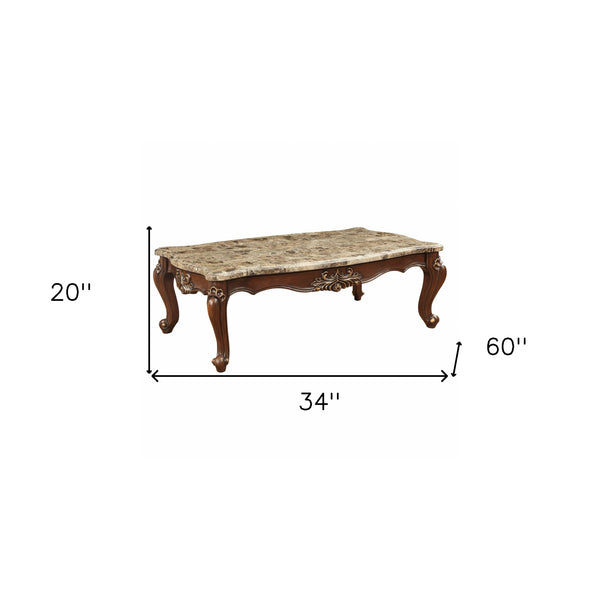 Homeroots 34" Brown And Dark Brown Genuine Marble And Solid Wood Free Form Coffee Table   347392