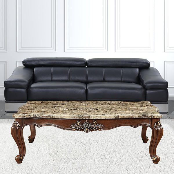Homeroots 34" Brown And Dark Brown Genuine Marble And Solid Wood Free Form Coffee Table   347392