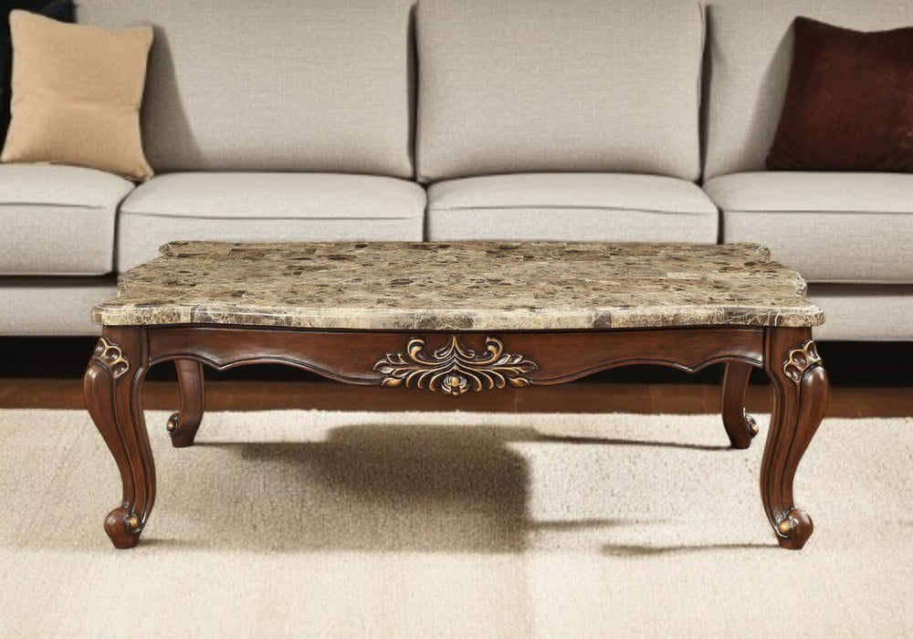 HomeRoots 34" Elegant Free-Form Coffee Table with Brown Faux Marble Top & Classic Queen Anne Legs for Chic Spaces 347392