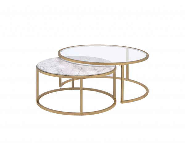 Homeroots Set Of Two 36" Clear White And Gold Glass Faux Marble And Iron Round Nested Coffee Tables   347396