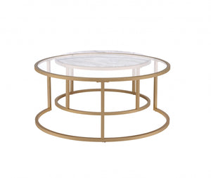 Homeroots Set Of Two 36" Clear White And Gold Glass Faux Marble And Iron Round Nested Coffee Tables   347396